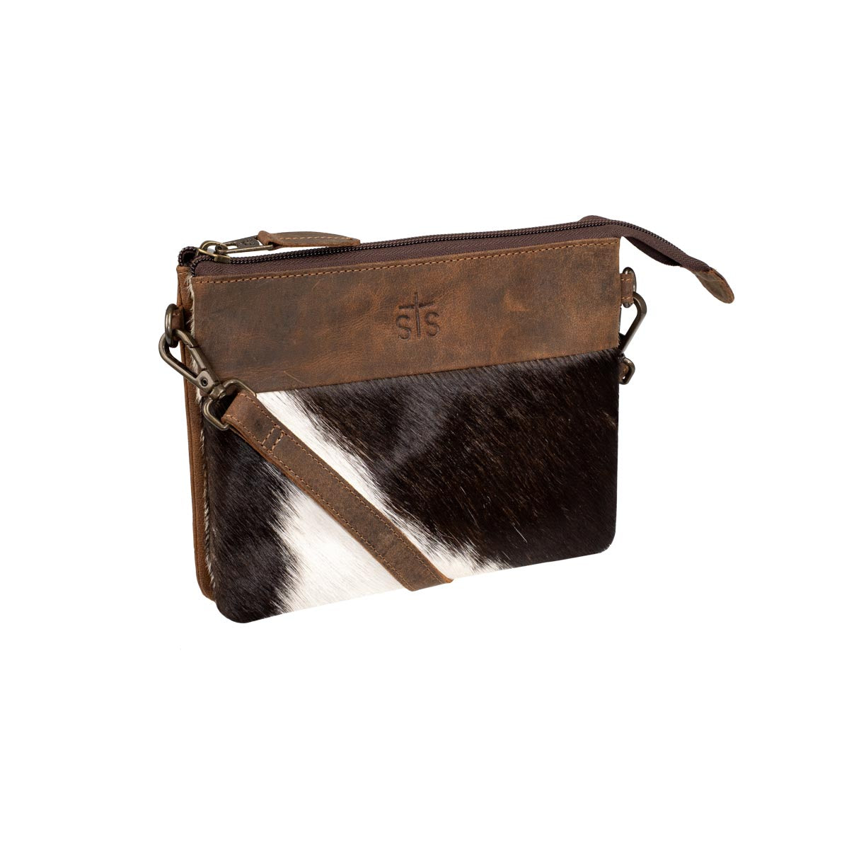 Front angled product view of STS Ranchwear Cowhide Rio Crossbody Bag with hair-on-hide exterior