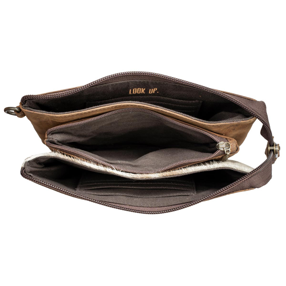 Open interior of STS Ranchwear Cowhide Rio Crossbody Bag with zip divider Jennifer Smith STS Ranch