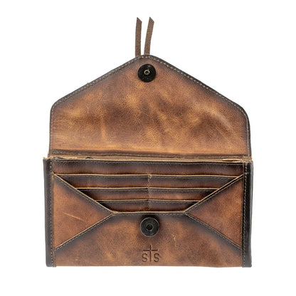 A brown distressed leather card holder wallet shown open, featuring multiple card slots, a flap pocket, and a top button closure on a white background.