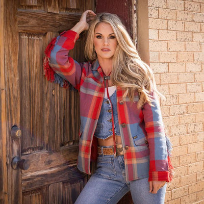 LADIES JESSIE PLAID FRINGE JACKET