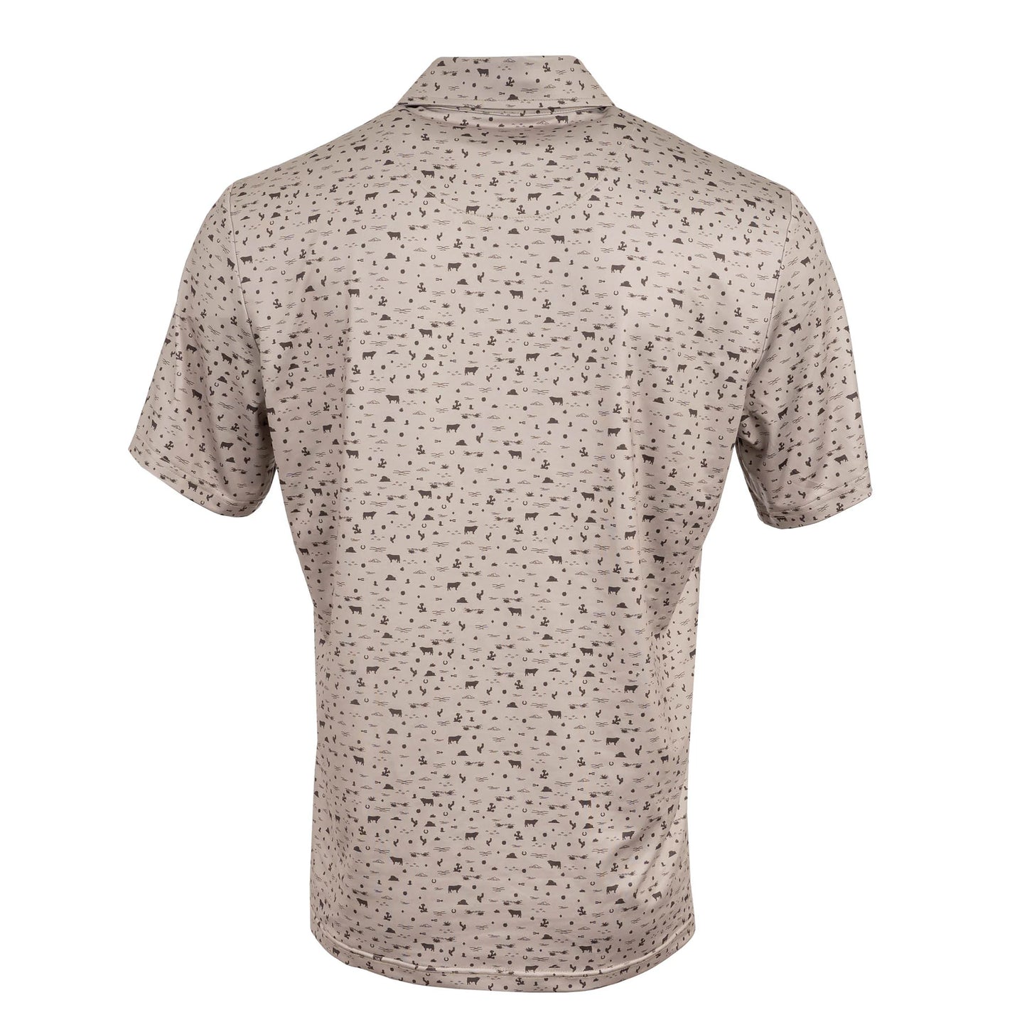 Back view of men’s western performance polo in desert sand print