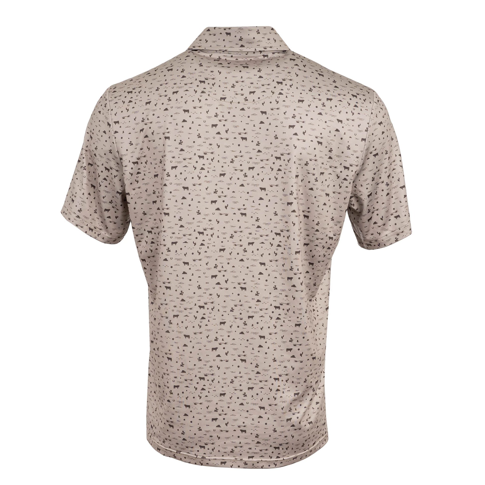 Back view of men’s western performance polo in desert sand print