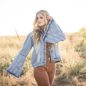 DORI DENIM JACKET W/ AZTEC EMB BELL SLEEVES