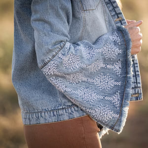 DORI DENIM JACKET W/ AZTEC EMB BELL SLEEVES