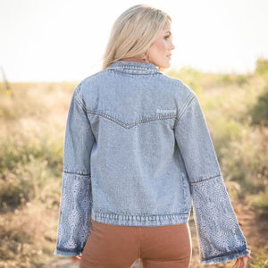 DORI DENIM JACKET W/ AZTEC EMB BELL SLEEVES