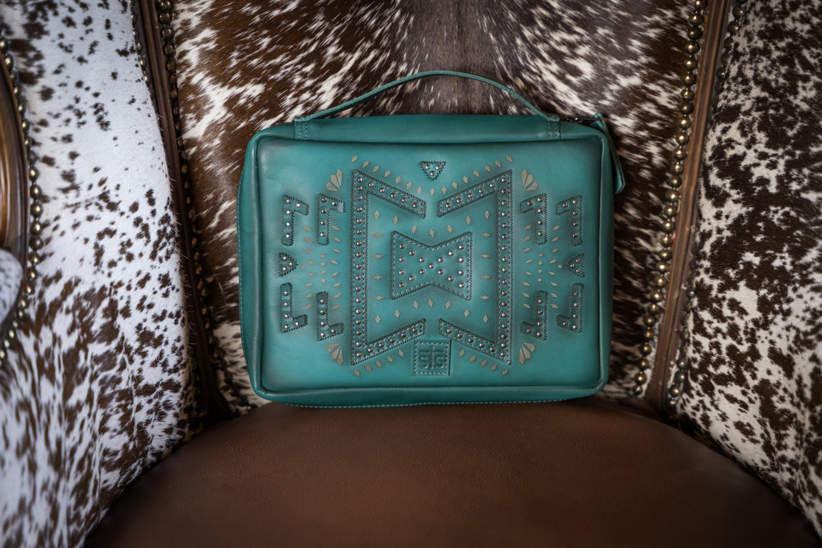 Turquoise leather Bible case with western studded design front view designed by Jennifer Smith of STS Ranch 