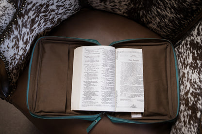 STS Ranchwear Wayfarer turquoise Bible cover with zipper open showing interior designed by Jennifer Smith STS Ranch