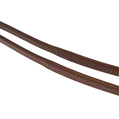 close up of STS Ranch Signature Tack Harness Leather Split Rein, Pineapple Knot, 8' on white background