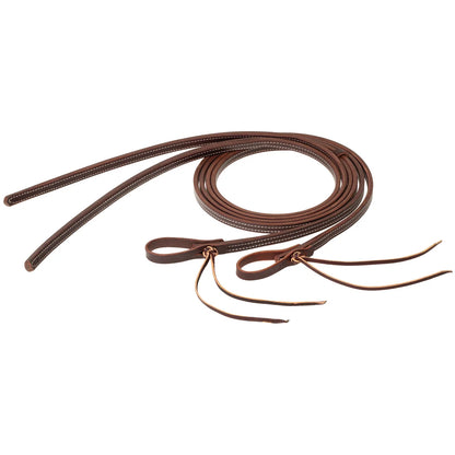 STS Ranch Signature Tack Latigo Leather Split Rein, Pineapple Knot, 1/2" x 8' on white background