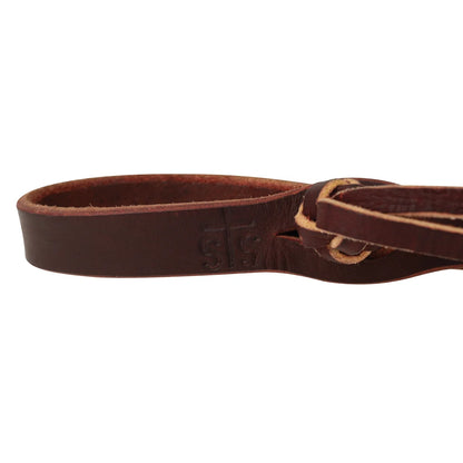 STS Ranch Signature Tack Latigo Leather Split Rein, Pineapple Knot, 1/2" x 8' on white background closer up