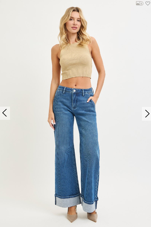 Mid-Rise Wide Leg Cuffed Jeans