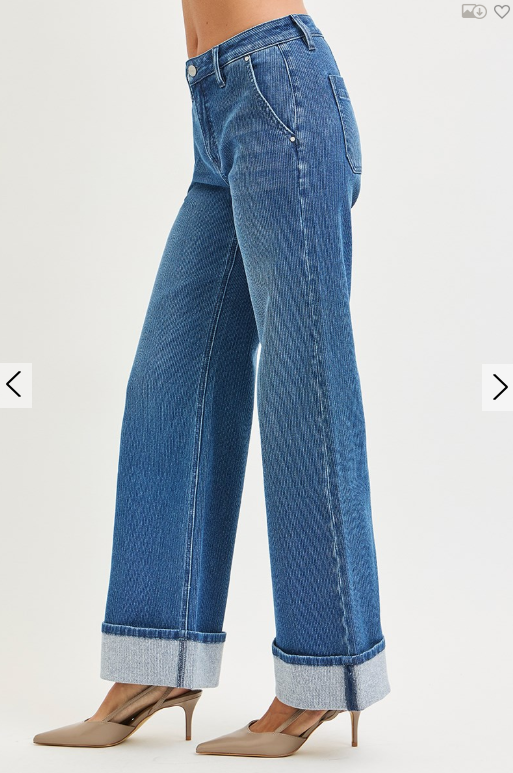 Mid-Rise Wide Leg Cuffed Jeans