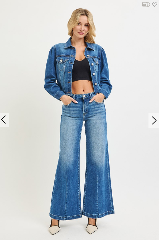 Mid-Rise Wide Leg Jeans W/Flared/Creased Lines
