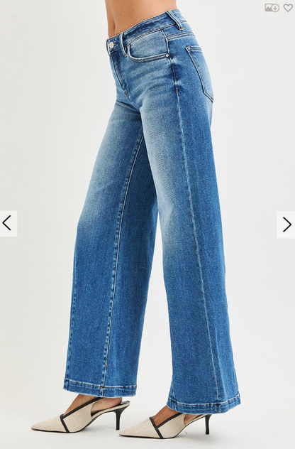 Mid-Rise Wide Leg Jeans W/Flared/Creased Lines