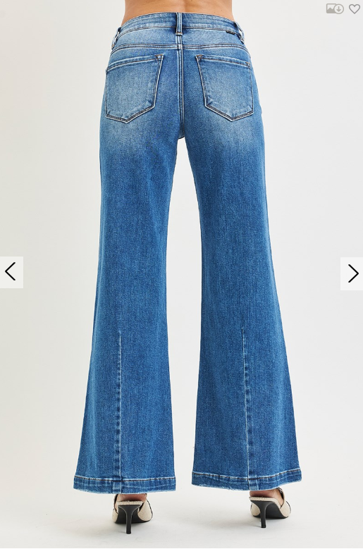 Mid-Rise Wide Leg Jeans W/Flared/Creased Lines