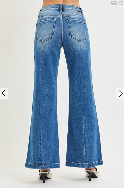 Mid-Rise Wide Leg Jeans W/Flared/Creased Lines
