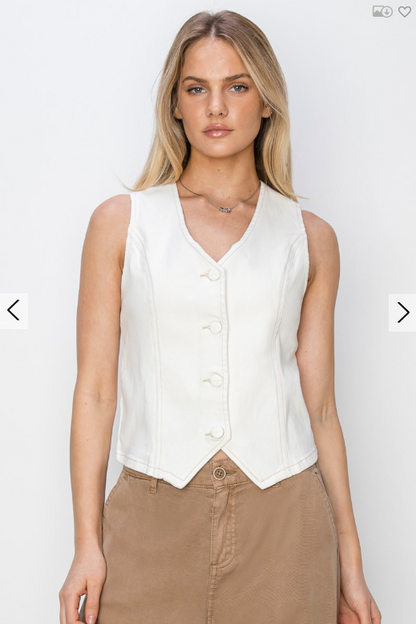 V-Neck Button Down Vest - Cream