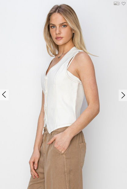 V-Neck Button Down Vest - Cream