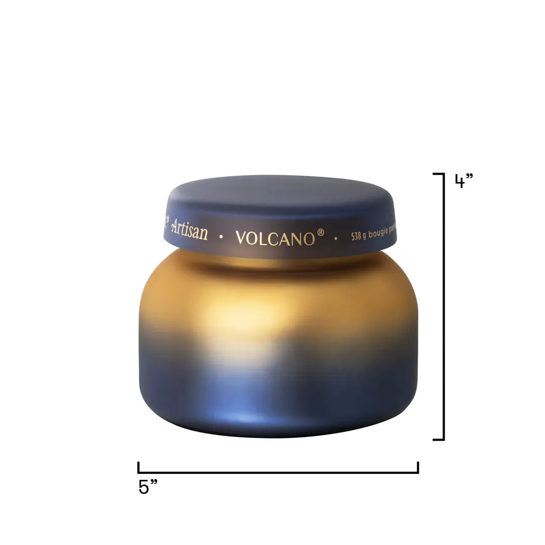 A jar of Artizan Volcano hair product shown on a white background with black dimension lines indicating a height of 4 inches and a width of 5 inches.