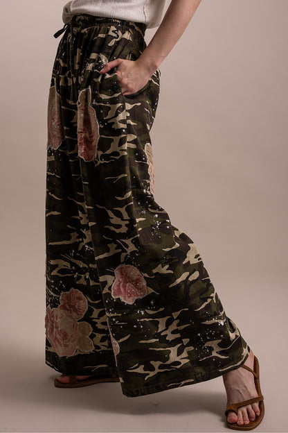 Bluevelvet Camo Print Flower Wide-Leg Pants for Women