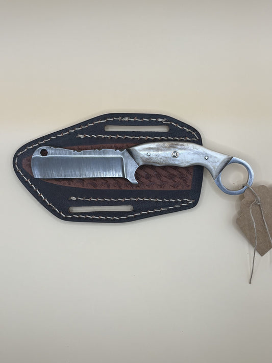 Exotic Texas Knives D2 Elk Antler Handle Cutter Knife with Finger Ring – Handmade Fixed Blade