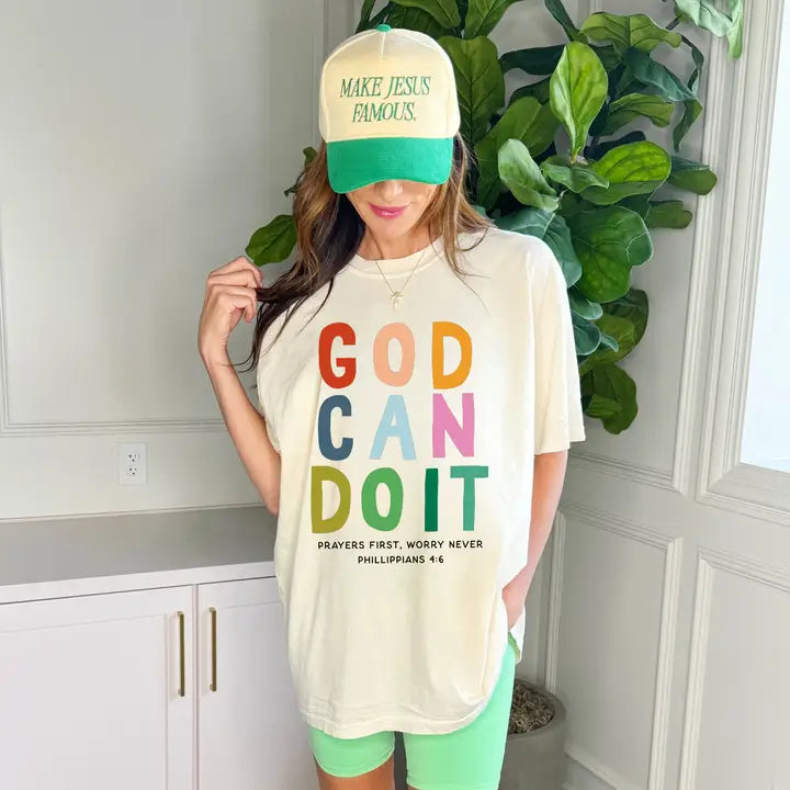 Poppy & Pine God Can Do It Crop Tee – Beige Women's Faith Graphic T-Shirt