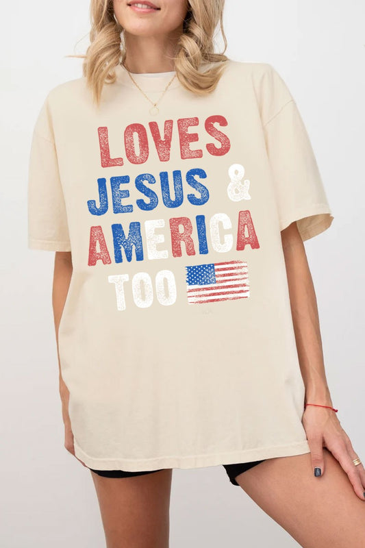 HRTandLUV Love Jesus & America Too Tee – Mineral Oatmeal Patriotic Christian Graphic T-Shirt