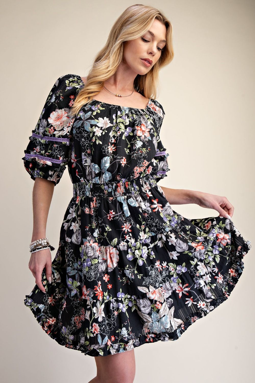 Easel Clothing Black Floral Printed Cotton Dress – Women's Bubble Sleeve Midi Dress