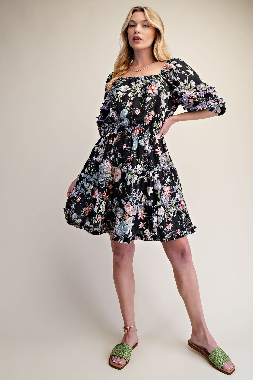 Easel Clothing Black Floral Printed Cotton Dress – Women's Bubble Sleeve Midi Dress