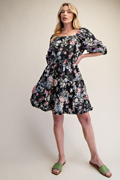Easel Clothing Black Floral Printed Cotton Dress – Women's Bubble Sleeve Midi Dress