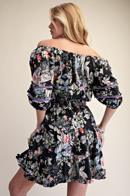 Easel Clothing Black Floral Printed Cotton Dress – Women's Bubble Sleeve Midi Dress