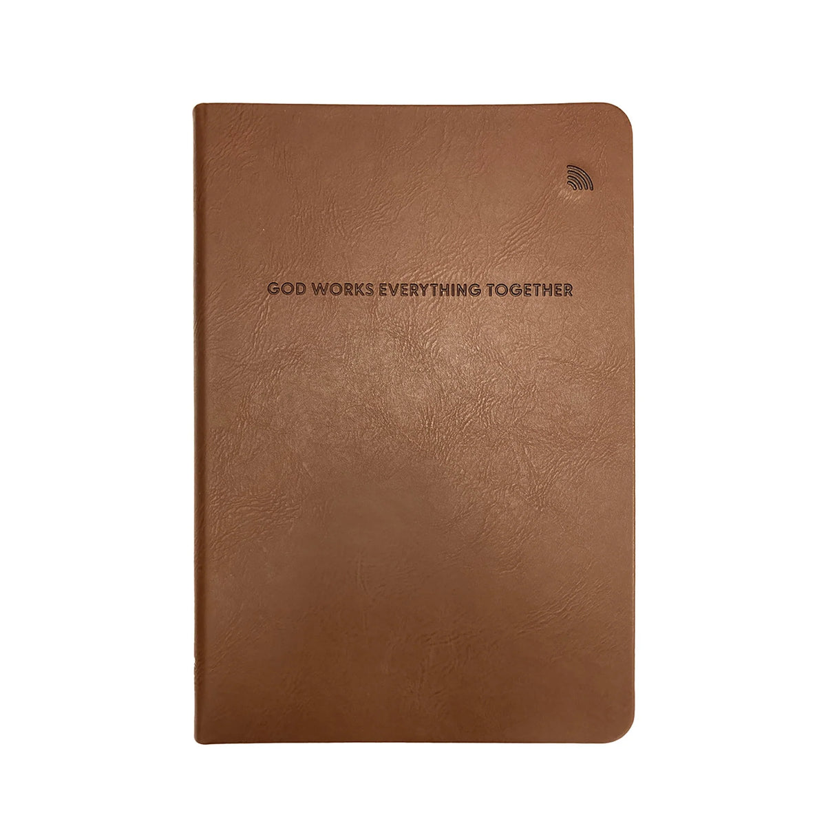 A brown faux-leather pocket notebook with rounded corners, featuring the text 'GOD WORKS EVERYTHING TOGETHER' printed in black on the front cover, set against a plain white background.