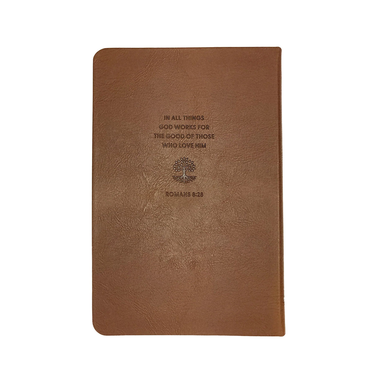 A brown textured leather Bible with a black embossed tree of life logo and the text 'IN ALL THINGS GOOD WORKS FOR THE SPOIL OF THOSE WHO LOVE HIM ROMANS 8:28' on the front cover, shown against a plain white background.