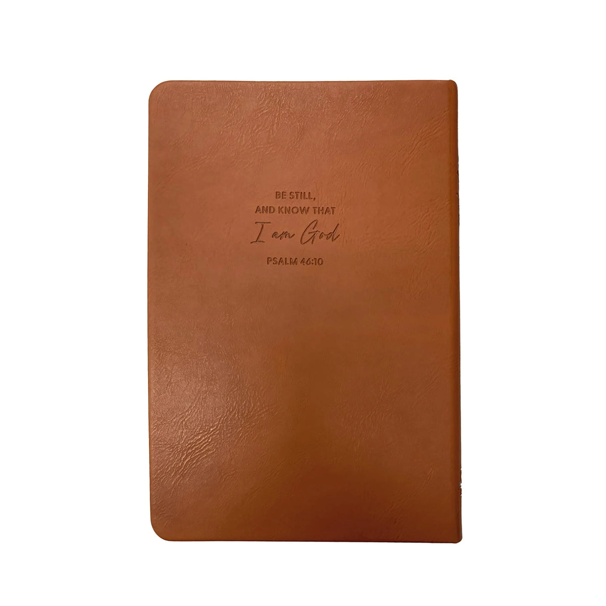 Brown leather notebook with engraved text on a white background