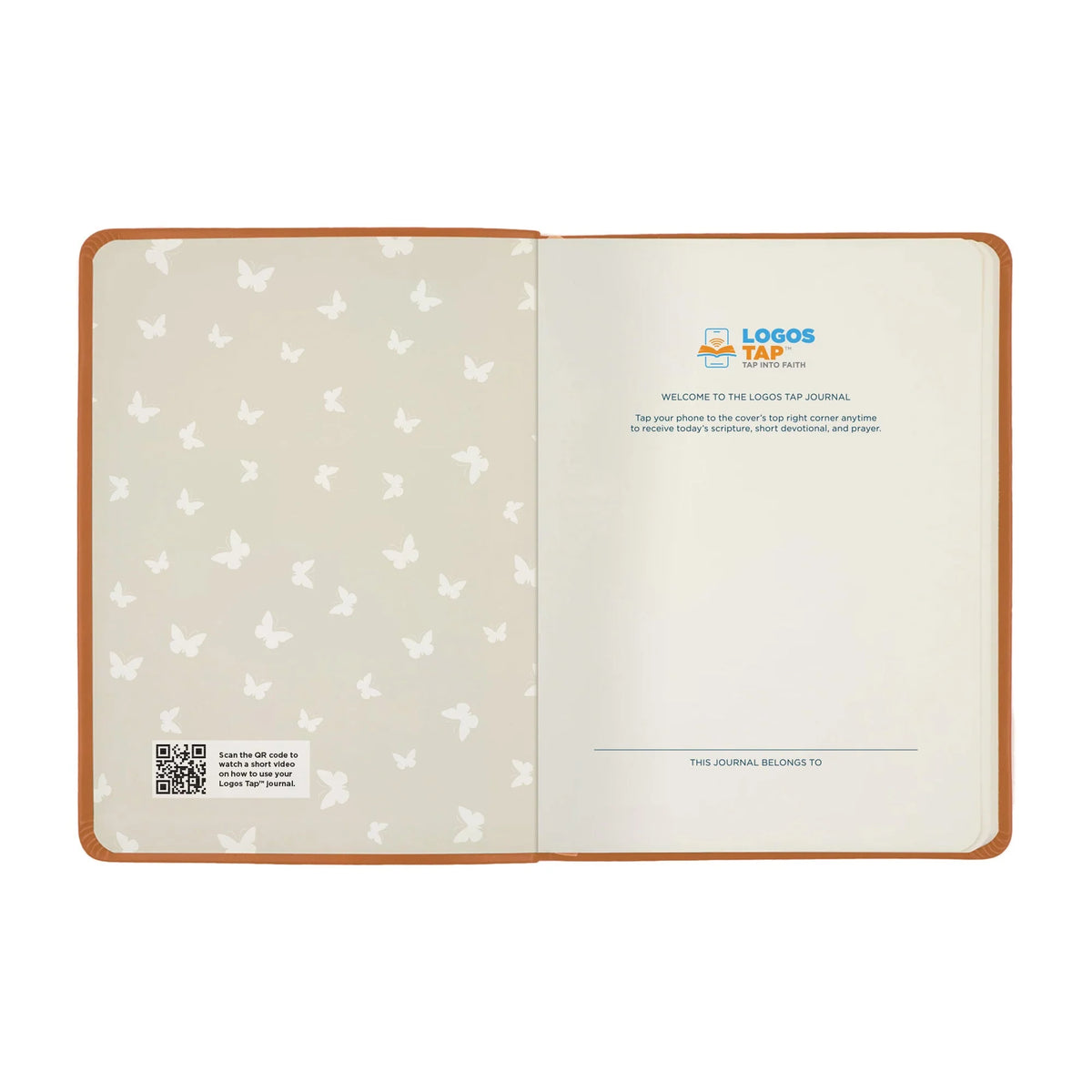 An open custom journal shown flat against a white background. The left page features a light beige background with a repeating pattern of small white butterflies, and the right page is blank with a printed welcome message and the 'LOGOS TAP' brand logo at the top.