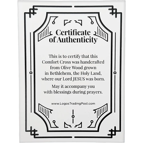 A white rectangular card with black decorative border lines and the centered text 'Certificate of Authenticity' followed by a handcrafted olive wood comfort cross message and the website www.LogosTradingPost.