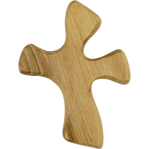 A light brown wooden cross with a smooth, polished finish and visible wood grain, isolated on a white background.