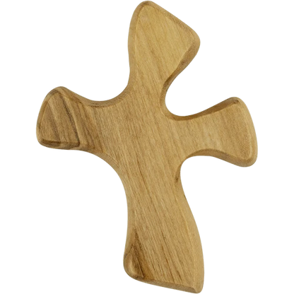 A light brown wooden cross with a smooth, polished finish and visible wood grain, isolated on a white background.