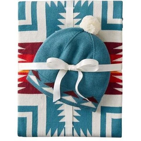 Pendleton Knit Baby Blanket with Beanie- Harding Teal