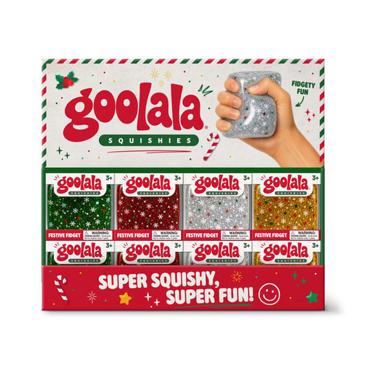 Box of goolala squishies with festive design and hand holding a silver glittery fidget toy.